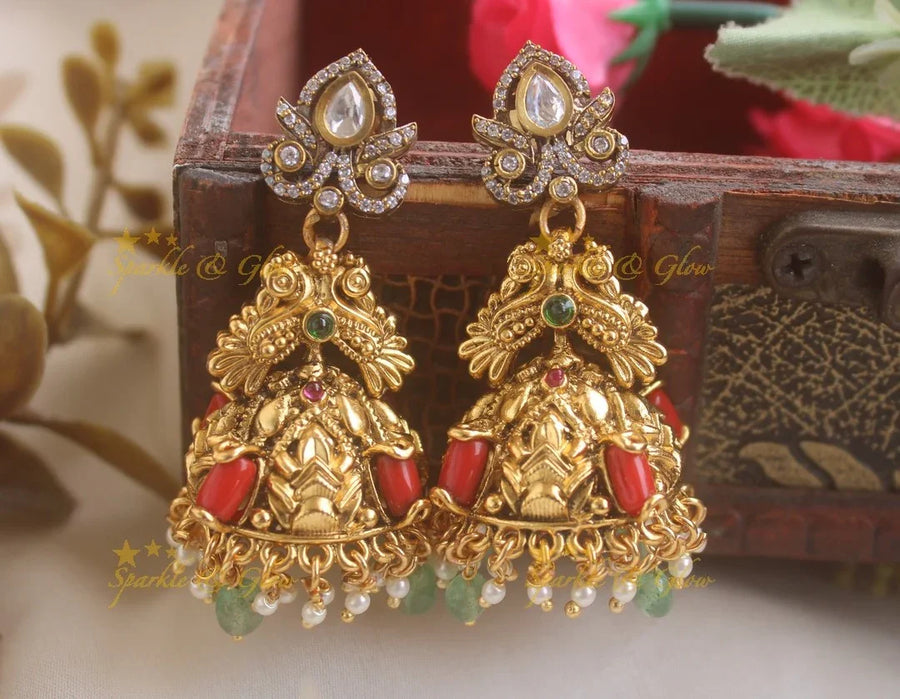 Sparkling Peacock and Crown design jhumukas with pearl mint green beads - Sparkle and Glow