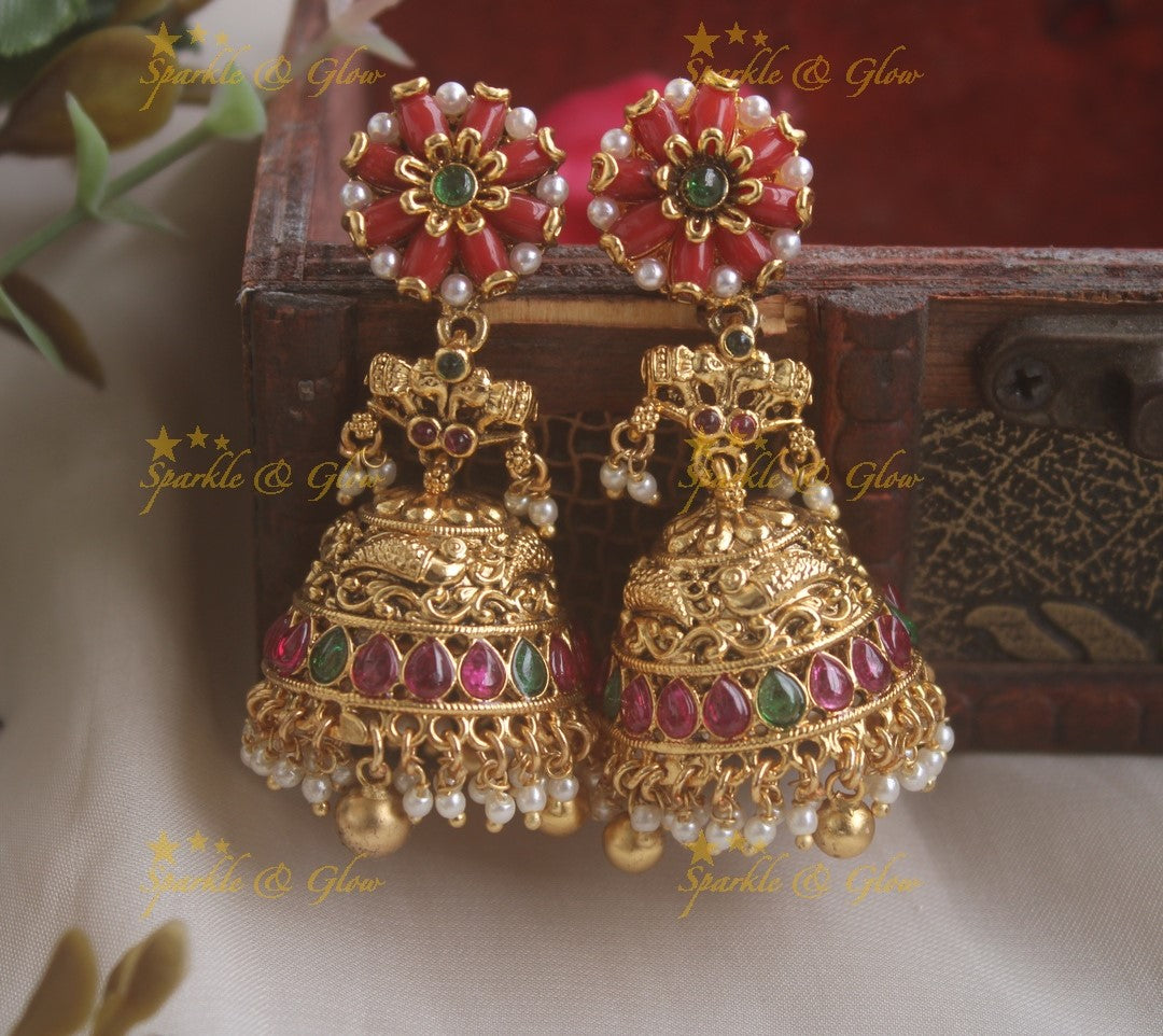 Kemp Peacock Elephant Carved Coral Flower studded Jhumukas