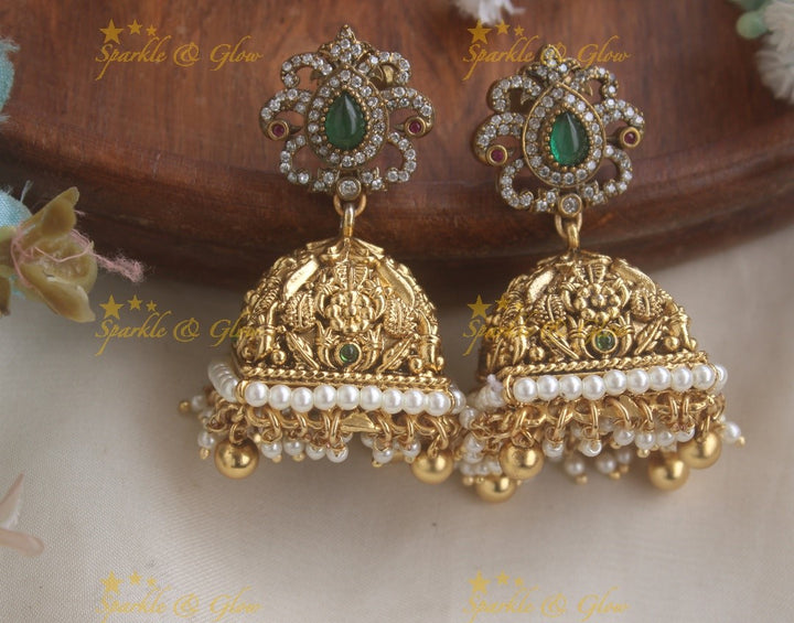 Beautiful Peacock Crown Studded Floral Jhumuka- Green