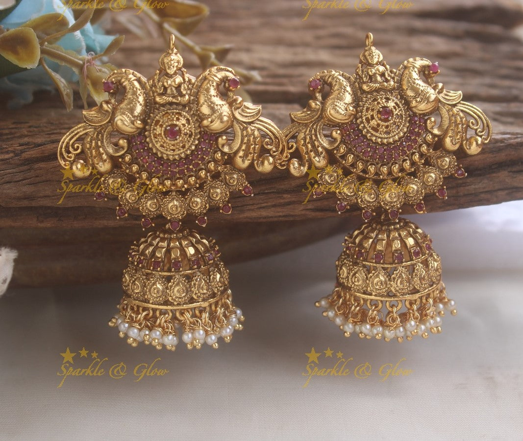 Idol Lakshmi Dancing Peacock Carved Bridal Jhumukas- Pink