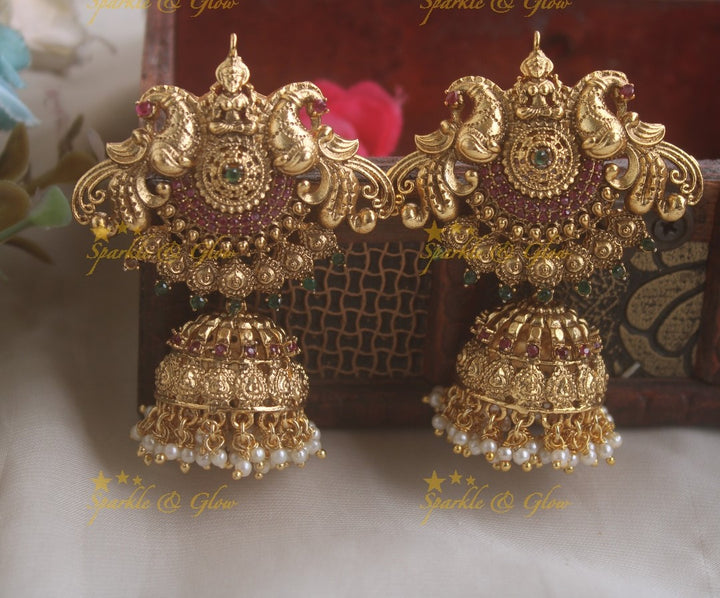 Idol Lakshmi Dancing Peacock Carved Bridal Jhumukas- Pink