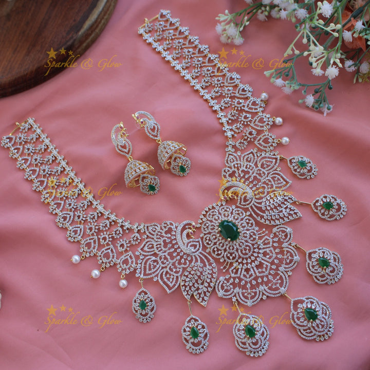 Sparkling Floral peacock American diamond long necklace with emerald and pearls - green