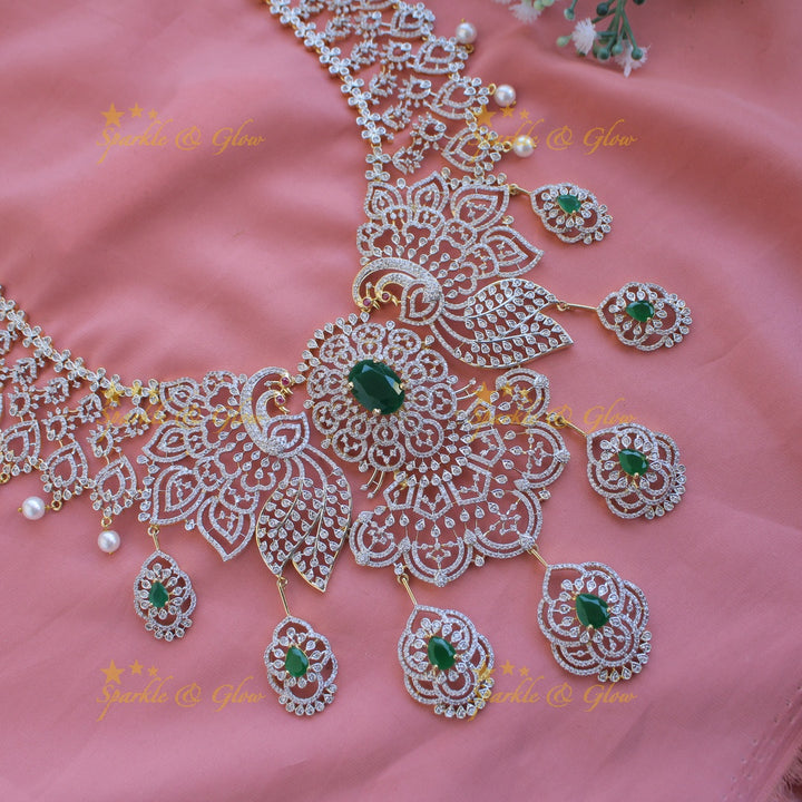 Sparkling Floral peacock American diamond long necklace with emerald and pearls - green