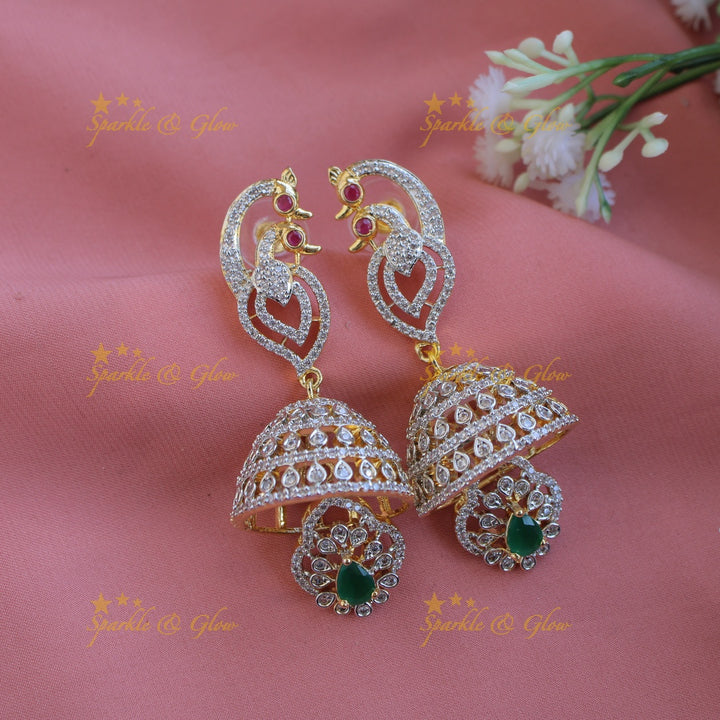 Sparkling Floral peacock American diamond long necklace with emerald and pearls - green