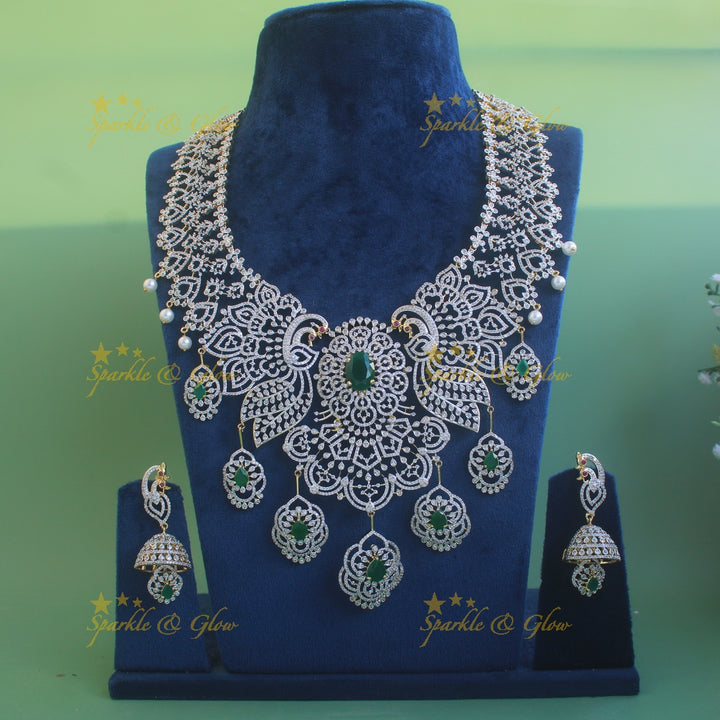 Sparkling Floral peacock American diamond long necklace with emerald and pearls - green