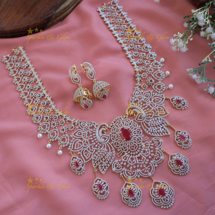 Sparkling Floral peacock American diamond long necklace with ruby and pearls - pink