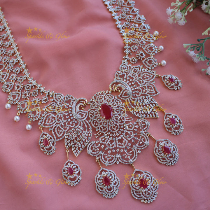 Sparkling Floral peacock American diamond long necklace with ruby and pearls - pink