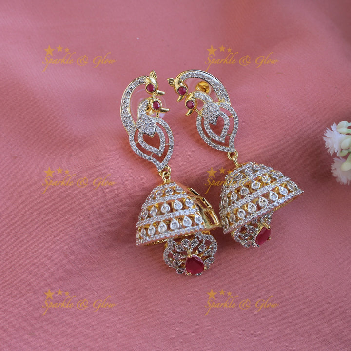 Sparkling Floral peacock American diamond long necklace with ruby and pearls - pink