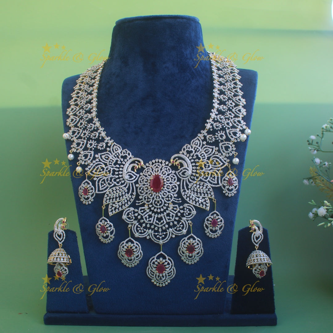 Sparkling Floral peacock American diamond long necklace with ruby and pearls - pink