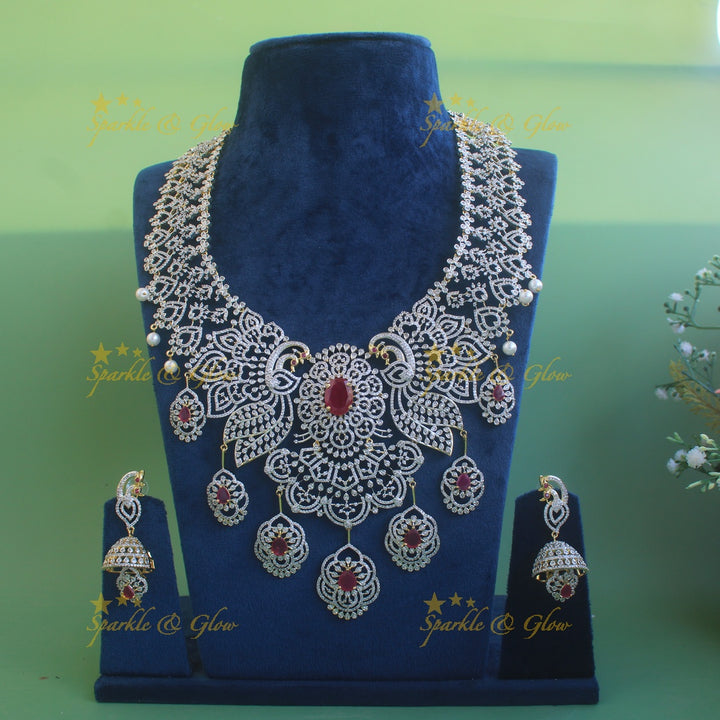 Sparkling Floral peacock American diamond long necklace with ruby and pearls - pink