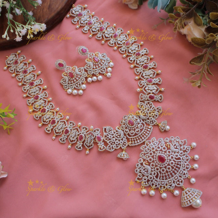 Grand intricate floral peacock American diamond long necklace with pink stones and pearls - Sparkle and Glow - Pink - Back Thread