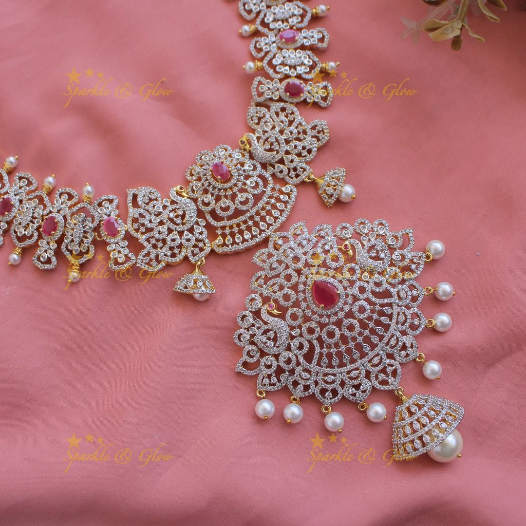 Grand intricate floral peacock American diamond long necklace with pink stones and pearls - Sparkle and Glow - Green - Back Thread