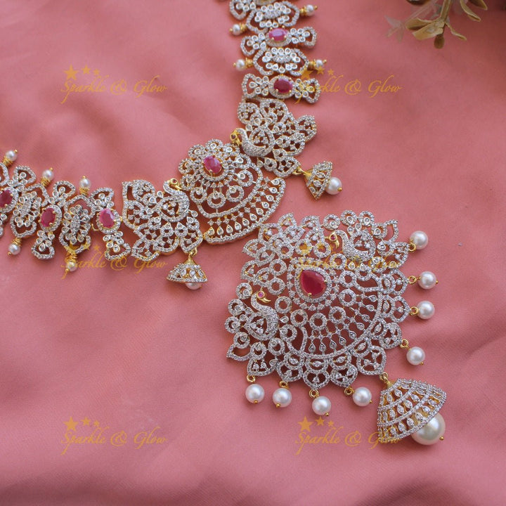 Grand intricate floral peacock American diamond long necklace with pink stones and pearls - Sparkle and Glow - Green - Back Thread