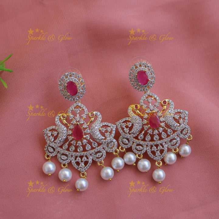 Grand intricate floral peacock American diamond long necklace with pink stones and pearls - Sparkle and Glow - Pink - Back Thread