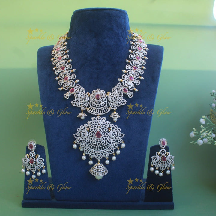 Grand intricate floral peacock American diamond long necklace with pink stones and pearls - Sparkle and Glow - Green - Back Thread