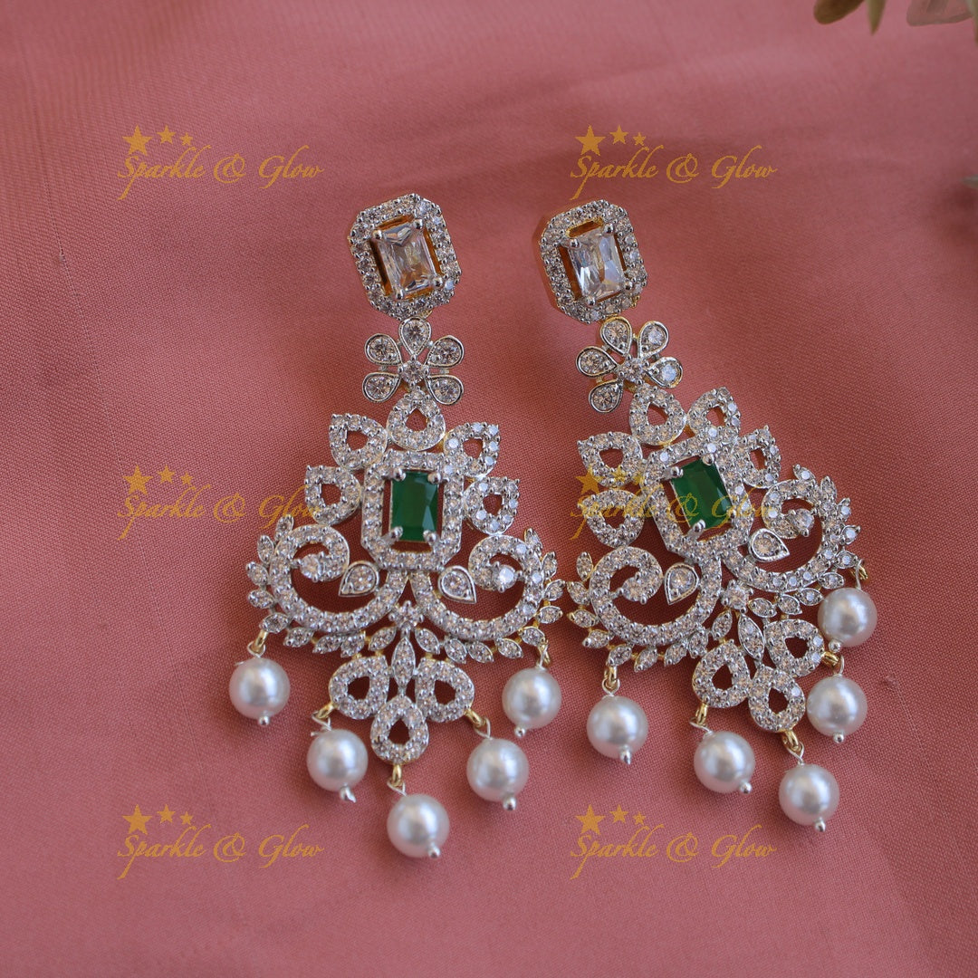 Gorgeous Floral  American diamond long layer necklace with maang tikka  with emerald and pearls