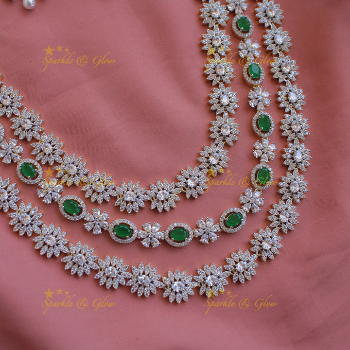 Gorgeous Floral  American diamond long layer necklace with maang tikka  with emerald and pearls