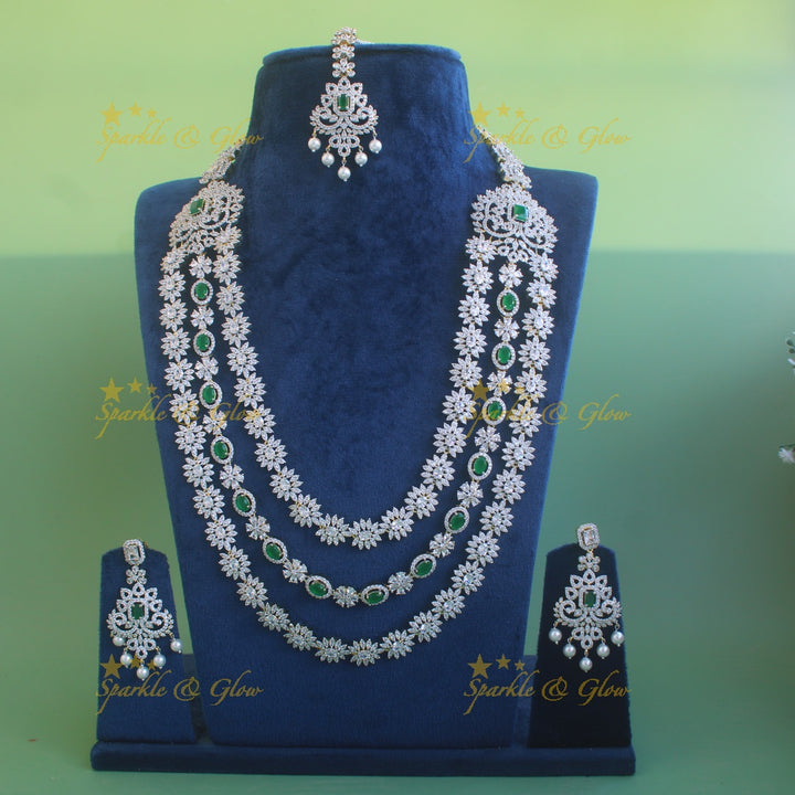Gorgeous Floral  American diamond long layer necklace with maang tikka  with emerald and pearls