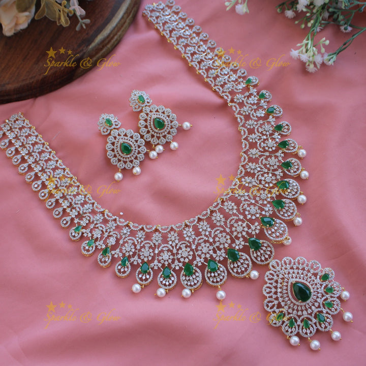 Exclusive floral American diamond Long necklace with Green stones and pearls