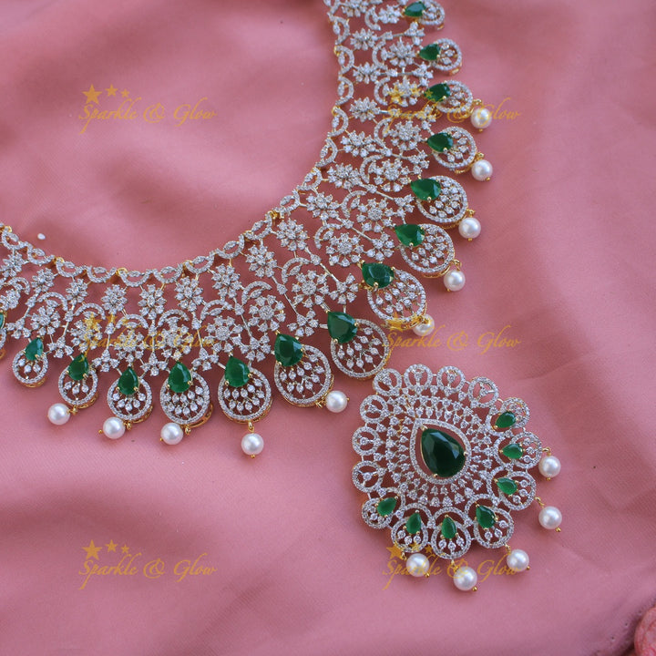 Exclusive floral American diamond Long necklace with Green stones and pearls