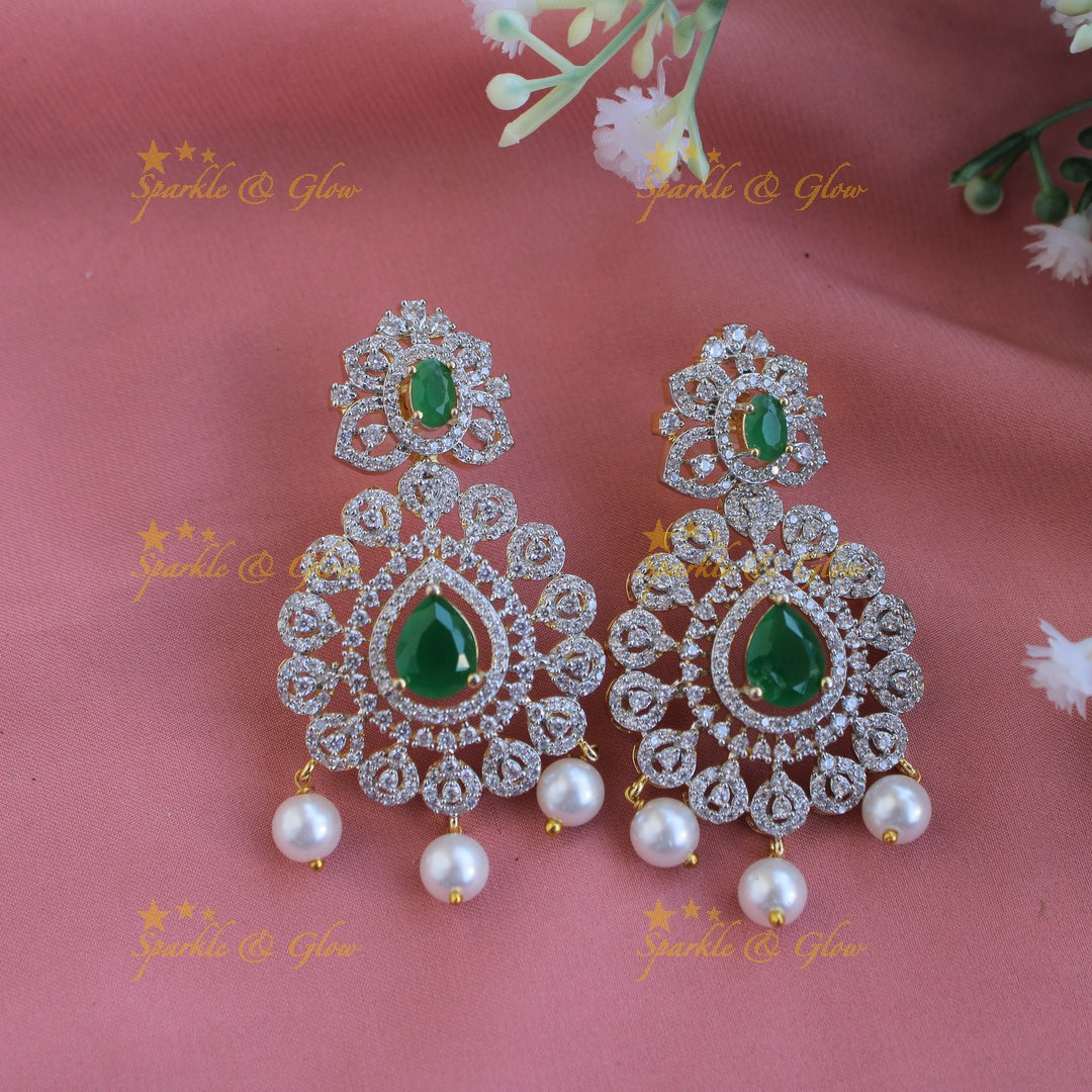 Exclusive floral American diamond Long necklace with Green stones and pearls