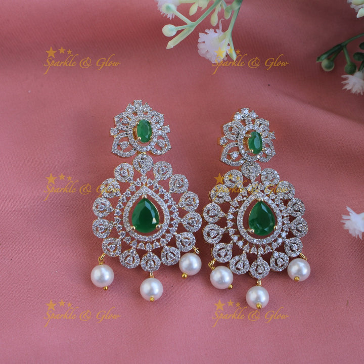 Exclusive floral American diamond Long necklace with Green stones and pearls