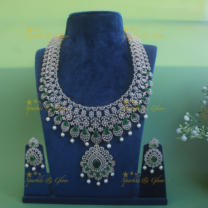 Exclusive floral American diamond Long necklace with Green stones and pearls