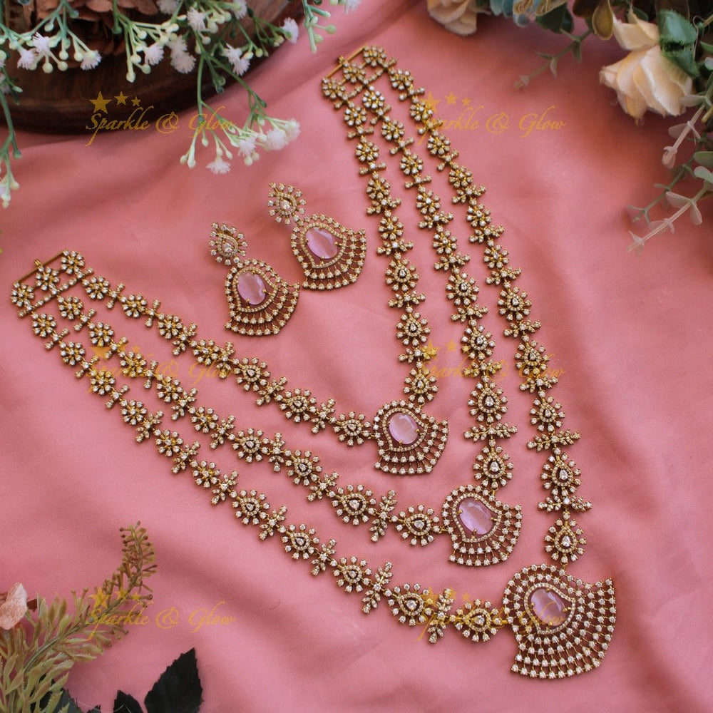 Exclusive floral American diamond Long layer necklace with Baby pink stone - Sparkle and Glow - Baby pink - Back Thread