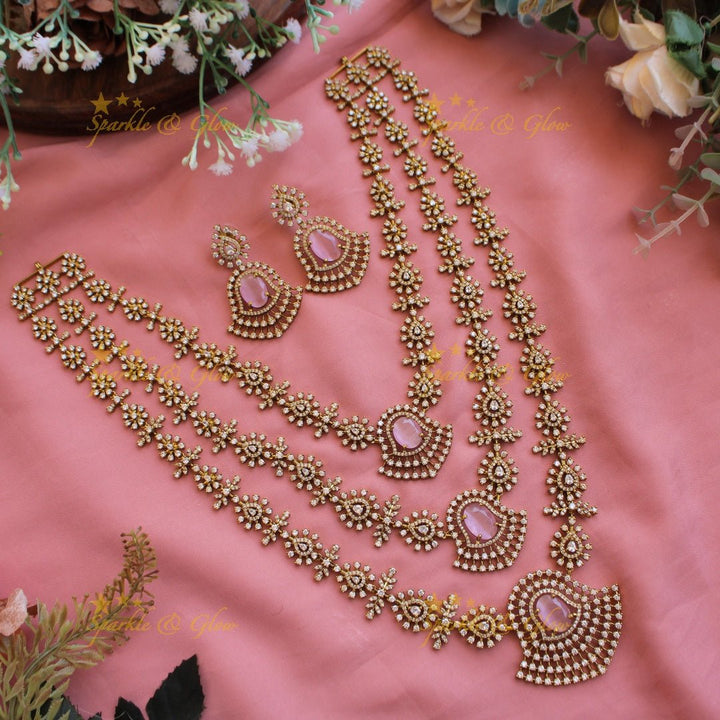 Exclusive floral American diamond Long layer necklace with Baby pink stone - Sparkle and Glow - Baby pink - Back Thread