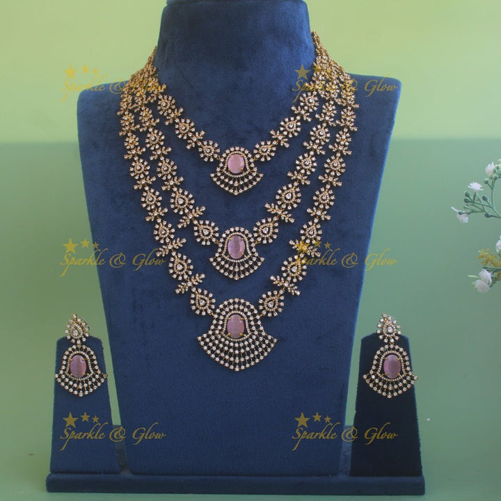 Exclusive floral American diamond Long layer necklace with Baby pink stone - Sparkle and Glow - Baby pink - Back Thread