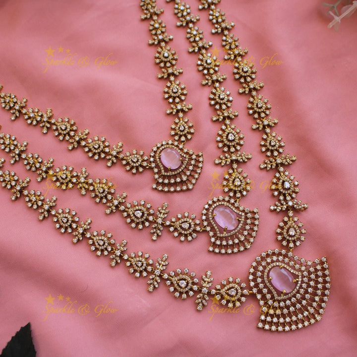 Exclusive floral American diamond Long layer necklace with Baby pink stone - Sparkle and Glow - Baby pink - Back Thread