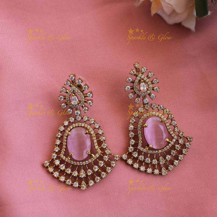 Exclusive floral American diamond Long layer necklace with Baby pink stone - Sparkle and Glow - Baby pink - Back Thread