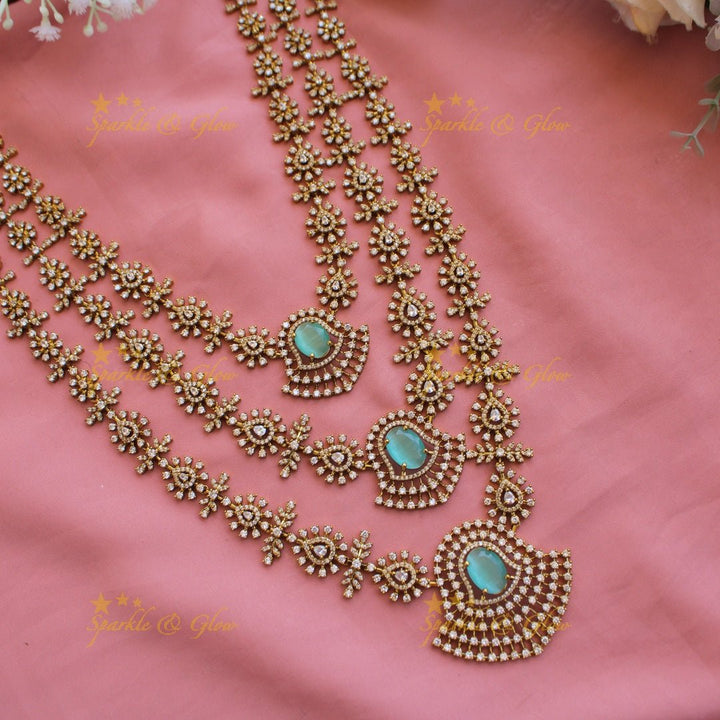 Exclusive floral American diamond Long layer necklace with Baby pink stone - Sparkle and Glow - Baby pink - Back Thread