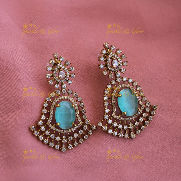 Exclusive floral American diamond Long layer necklace with Baby pink stone - Sparkle and Glow - Sky blue - Back Thread
