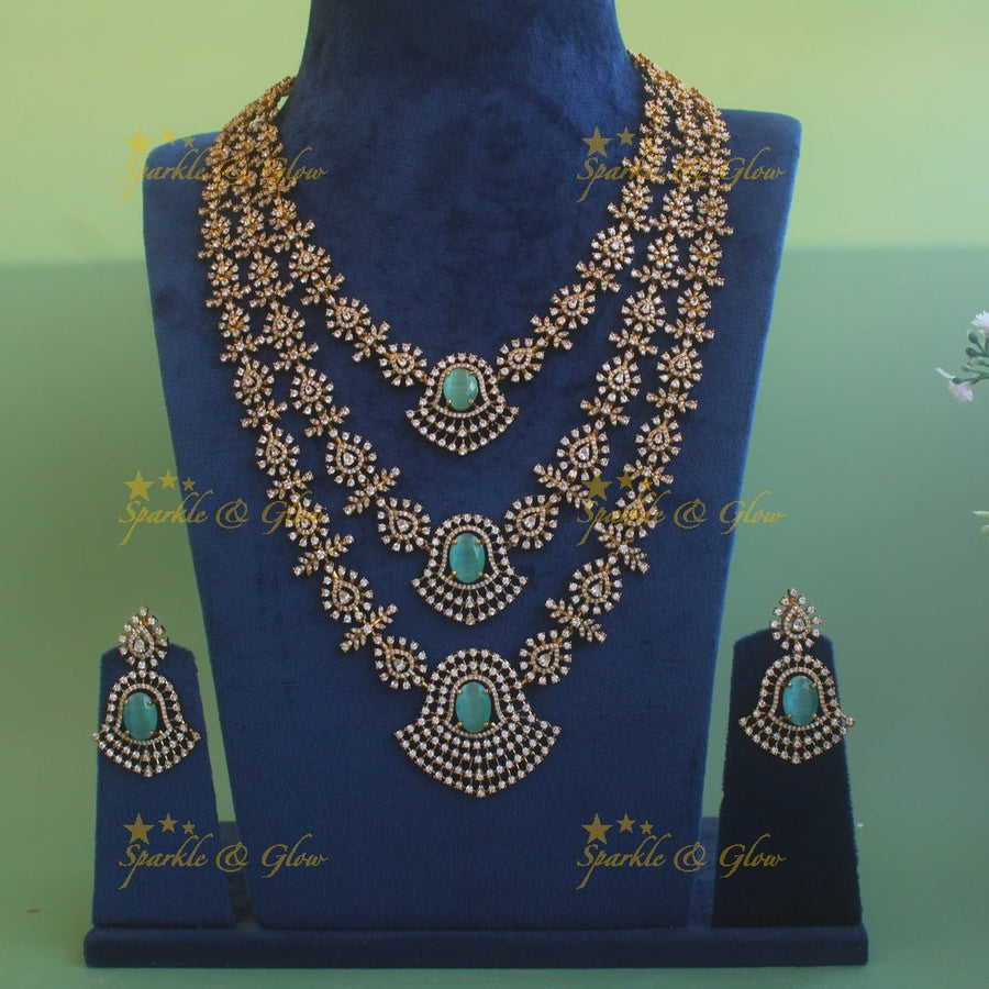 Exclusive floral American diamond Long layer necklace with Baby pink stone - Sparkle and Glow - Baby pink - Back Thread