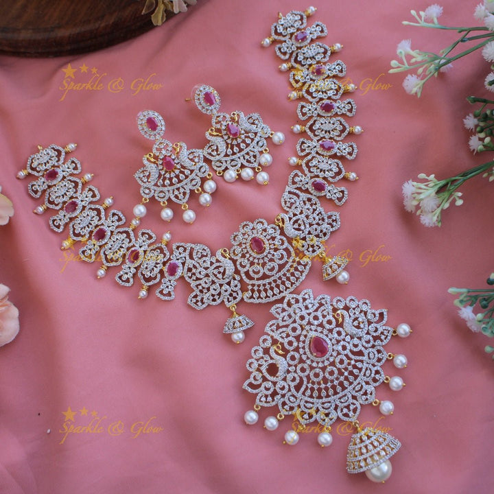 Grand intricate floral peacock American diamond Short necklace with pink stones and pearls - Sparkle and Glow - Green - Back Thread