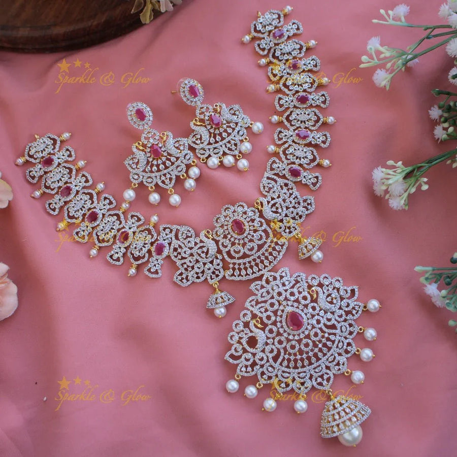 Grand intricate floral peacock American diamond Short necklace with pink stones and pearls - Sparkle and Glow