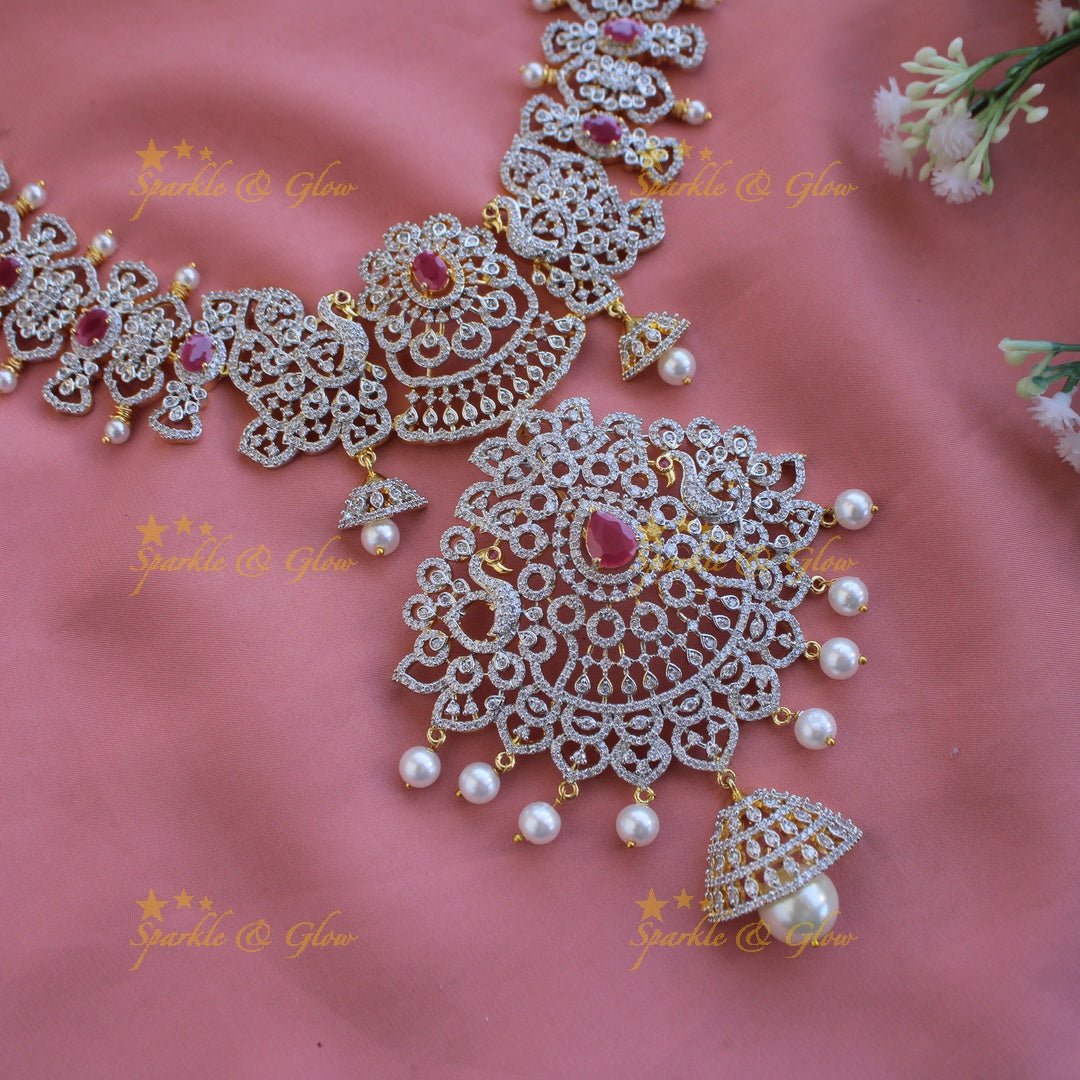 Grand intricate floral peacock American diamond Short necklace with pink stones and pearls - Sparkle and Glow - Green - Back Thread