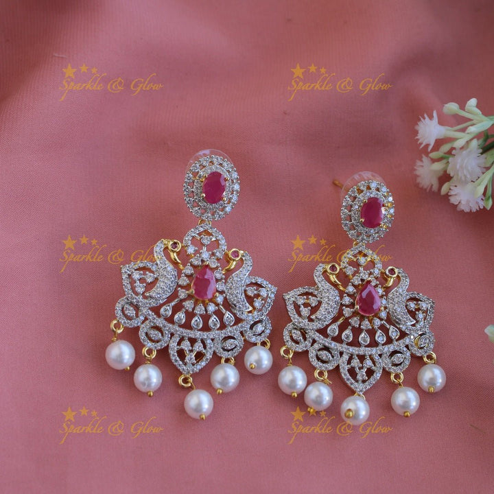 Grand intricate floral peacock American diamond Short necklace with pink stones and pearls - Sparkle and Glow - Pink - Back Thread