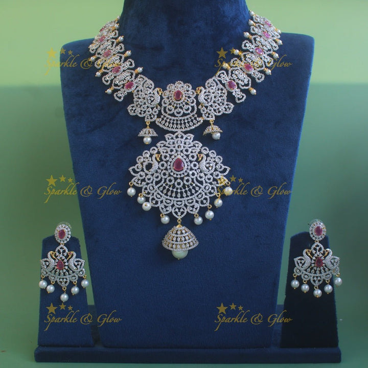 Grand intricate floral peacock American diamond Short necklace with pink stones and pearls - Sparkle and Glow - Green - Back Thread