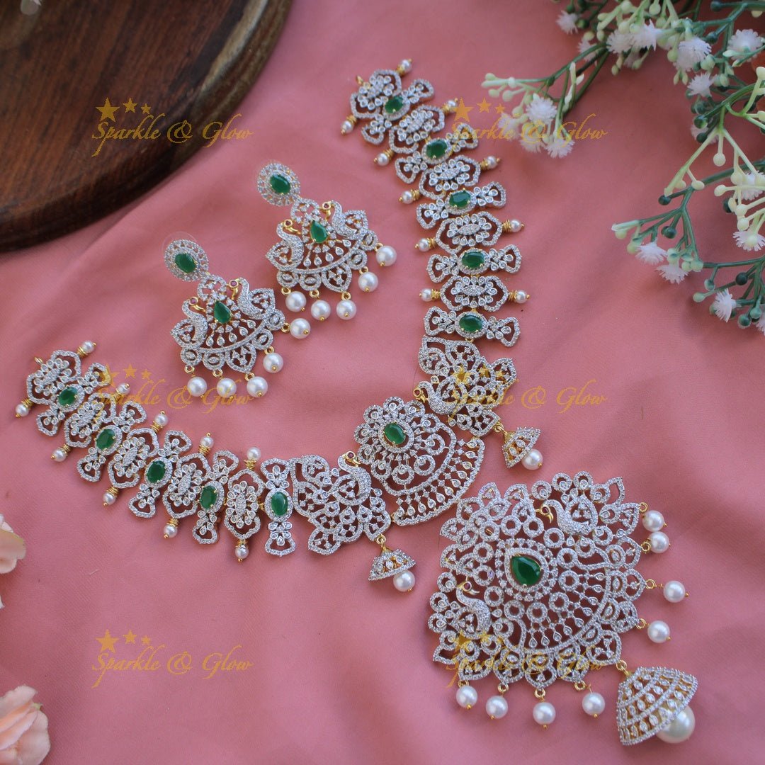 Grand intricate floral peacock American diamond Short necklace with pink stones and pearls - Sparkle and Glow - Green - Back Thread