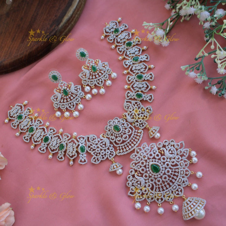 Grand intricate floral peacock American diamond Short necklace with pink stones and pearls - Sparkle and Glow - Green - Back Thread