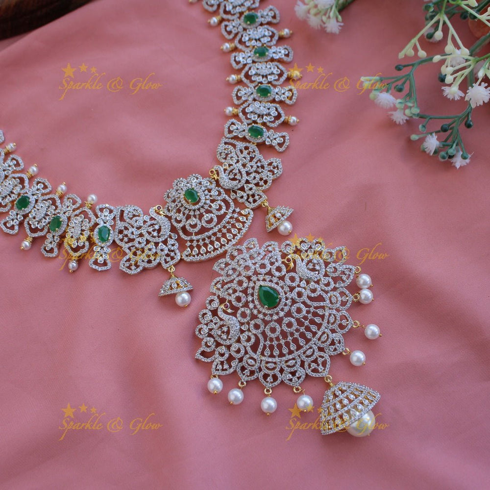 Grand intricate floral peacock American diamond Short necklace with pink stones and pearls - Sparkle and Glow - Green - Back Thread