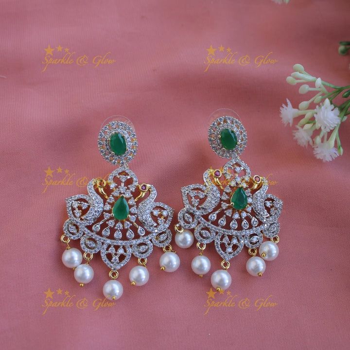 Grand intricate floral peacock American diamond Short necklace with pink stones and pearls - Sparkle and Glow - Green - Back Thread
