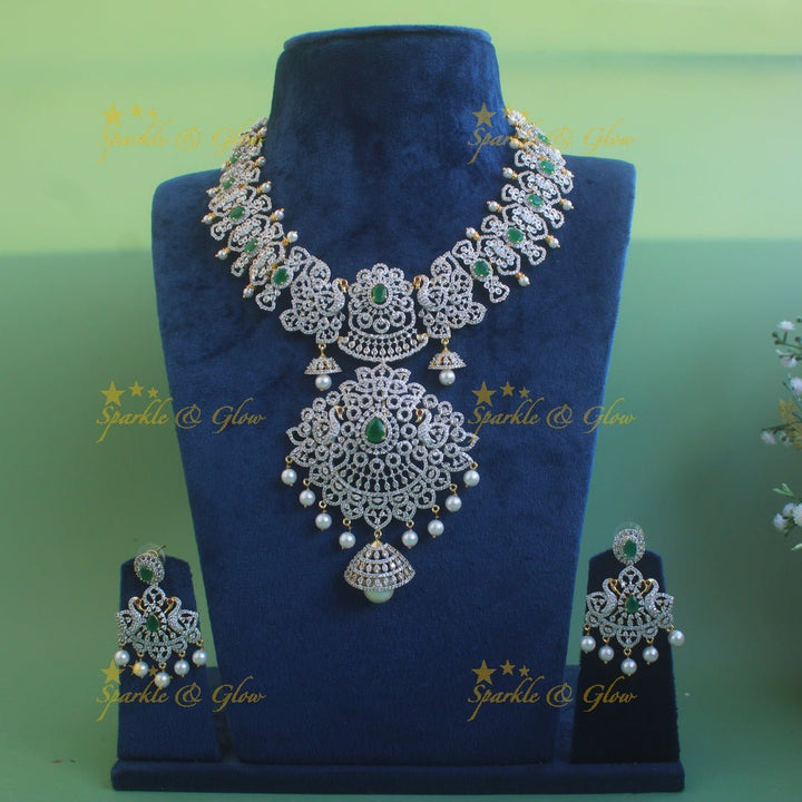 Grand intricate floral peacock American diamond Short necklace with pink stones and pearls - Sparkle and Glow - Green - Back Thread