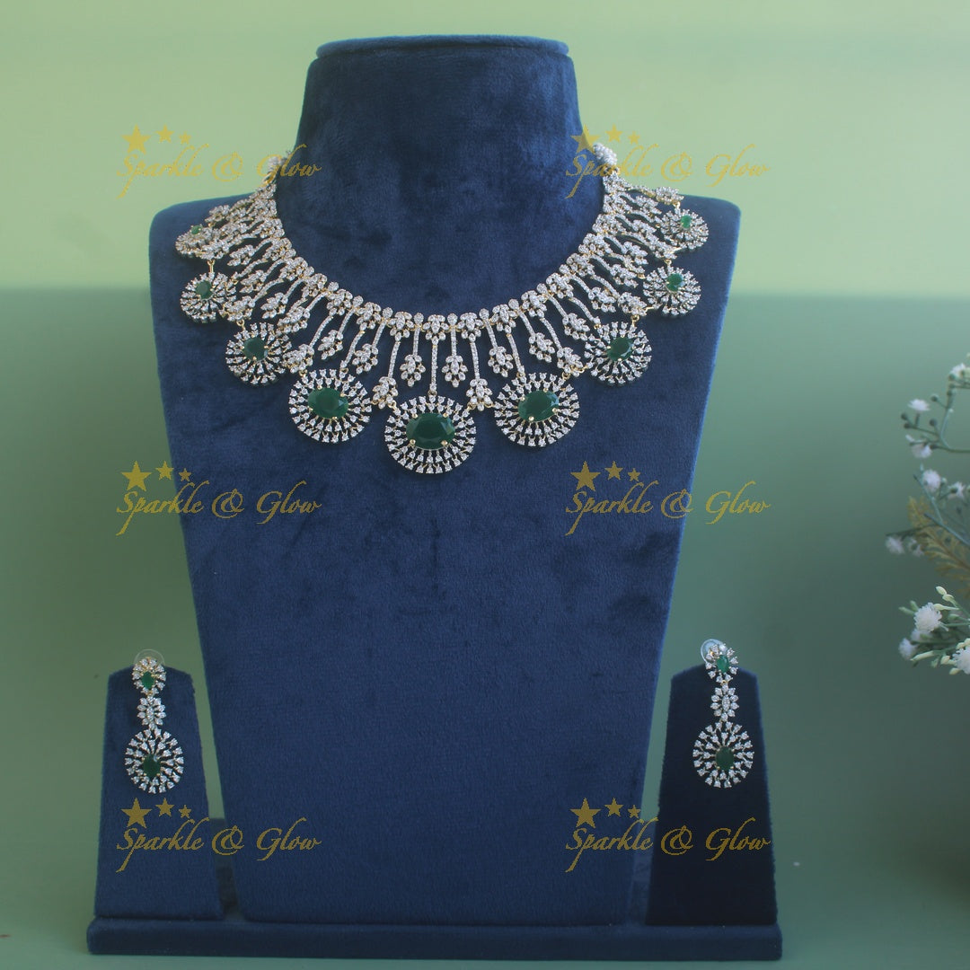 Beautiful Floral design American diamond Short necklace with Green stone