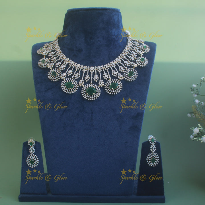 Beautiful Floral design American diamond Short necklace with Green stone