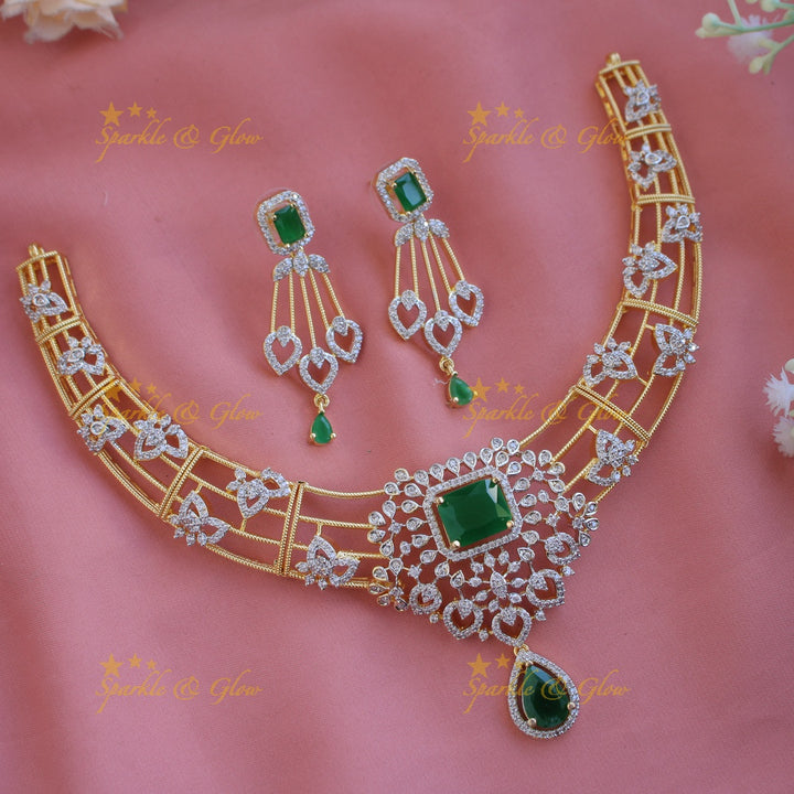 Elegant Flower design American diamond Short necklace with Green stone