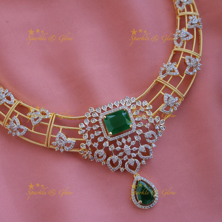 Elegant Flower design American diamond Short necklace with Green stone