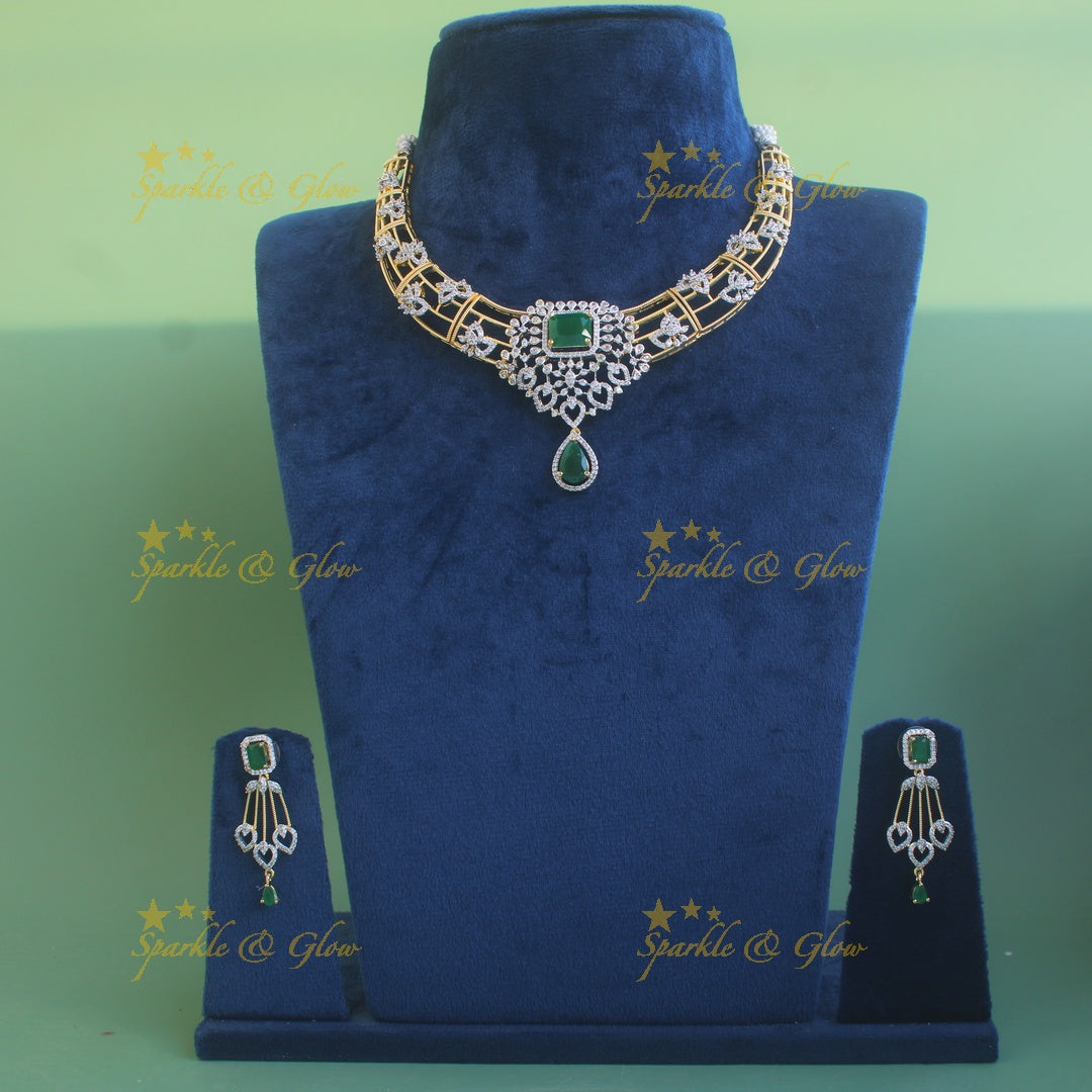 Elegant Flower design American diamond Short necklace with Green stone